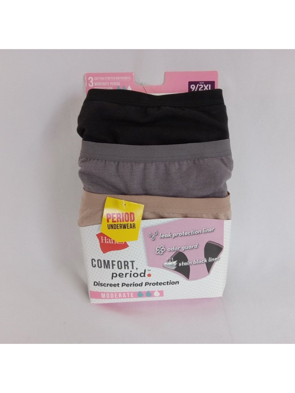 Hanes Comfort Period Underwear 3-Pack Panties Size 9 2XL Black Nude Gray